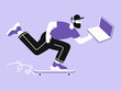 © Pyzhova - Vector illustration of a developer riding a skateboard and working on a notebook