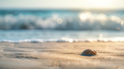 A sea shell on sandy beach with tropical blue sea