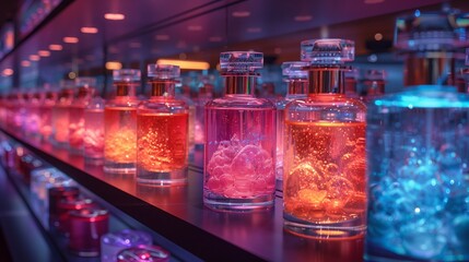 Poster - A row of glass bottles filled with colorful liquid sits on a counter, lit by purple and pink lights. This futuristic display offers a new way to experience fragrance.