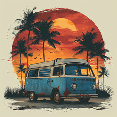Wall Mural - Artistic vector illustration of vintage retro camper van at beach at sunset in summer