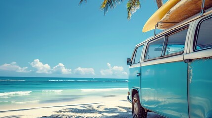 Wall Mural - Vintage camper van with surfing board at sea beach in summer vacation