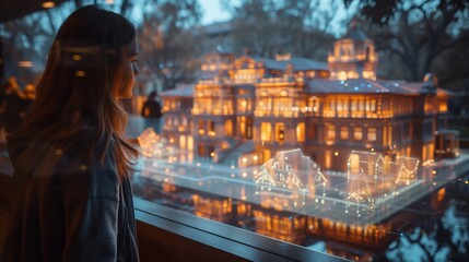 Poster - A young woman looks through a window at a holographic representation of a university campus, exploring the grounds and buildings in a virtual tour.