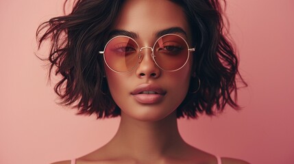 Sticker -  Trendy Model in Round Glasses, Curly Hair, Pink Background, Fashionable Portrait, Ideal for Marketing and Editorial Use