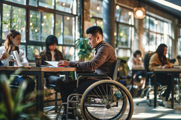 A young asian man with disability and her female colleague cooperating while working on paperwork in modern office