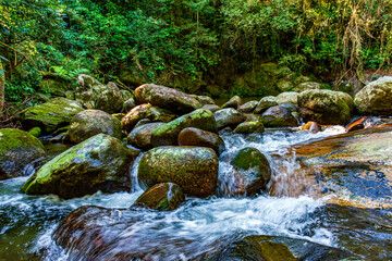 Wall Mural - Waterfall among the rocks in the rainforest of Ilhabela on the north coast of Sao Paulo