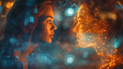 Poster - A woman looks at her partner who is a hologram, creating a futuristic and romantic date night scene.
