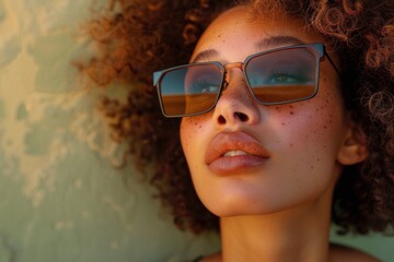 Wall Mural - Model with Freckles in Square Sunglasses, Afro Hair, Sunny Background, High Fashion Portrait, Trendy Look, Perfect for Marketing and Editorial Use