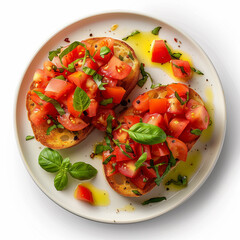 Italian bruschetta with chopped tomatoes, basil, and olive oil, served on a white plate, isolated background