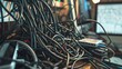© Emiliia - A close-up of a desk with a mass of tangled black cables, wires, and cords. It appears to be a messy work space or studio.