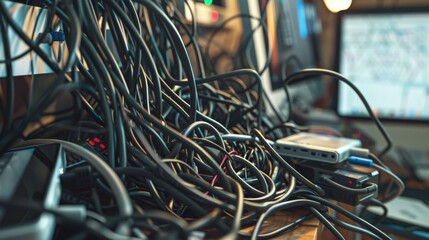 Poster - A close-up of a desk with a mass of tangled black cables, wires, and cords. It appears to be a messy work space or studio.