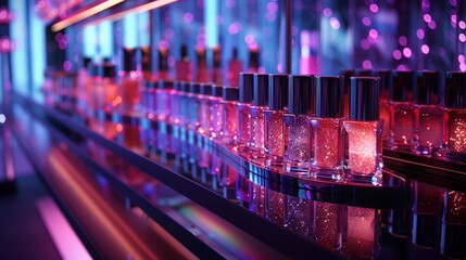 Poster - A row of holographic bottles filled with sparkling glitter-infused liquid sits on a mirrored display shelf. The bottles are illuminated by colorful lights, creating a vibrant and alluring scene.