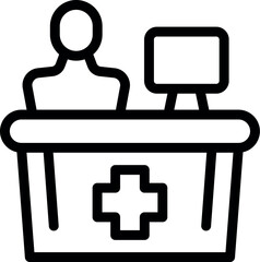 Poster - Line art icon of a medical receptionist working behind a desk with a computer