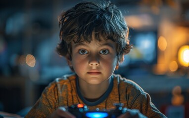 Wall Mural - A young boy is playing a video game with a controller in his hand. He is focused on the screen and he is enjoying himself
