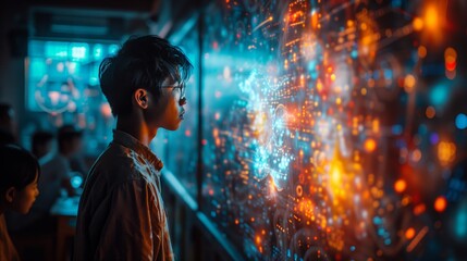 Poster - A young student intently observes a holographic teacher projecting a lesson onto a large screen in a brightly lit classroom.