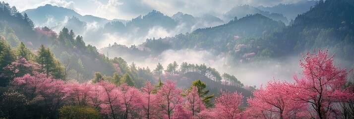 Foggy mountain with colorful Spring forest