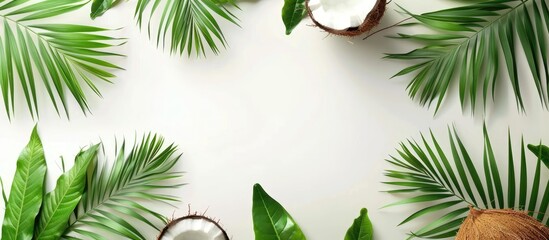 Abstract green nature background with tropical leaves and isolated coconut on a white background
