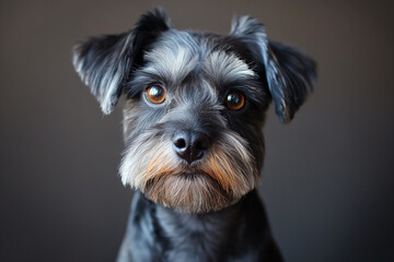 Wall Mural - Adorable black schnauzer puppy with brown eyes, showing an innocent expression in a closeup portrait