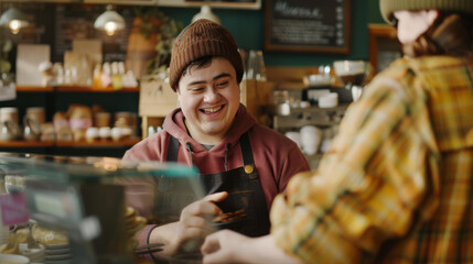 Wall Mural - A barista wearing a beanie shares a friendly conversation with a customer at a cozy coffee shop, creating a warm and welcoming atmosphere.