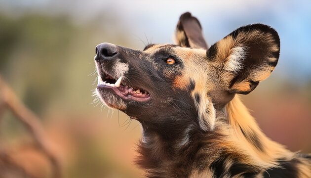 Close up portrait of a howling wild dog in its natural habitat, wildlife photography