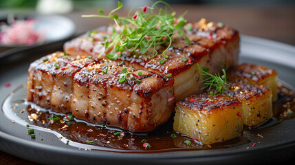 Wall Mural - A close-up shot of a plated dish featuring a succulent piece of grilled pork belly, accompanied by crispy potato wedges and a flavorful glaze