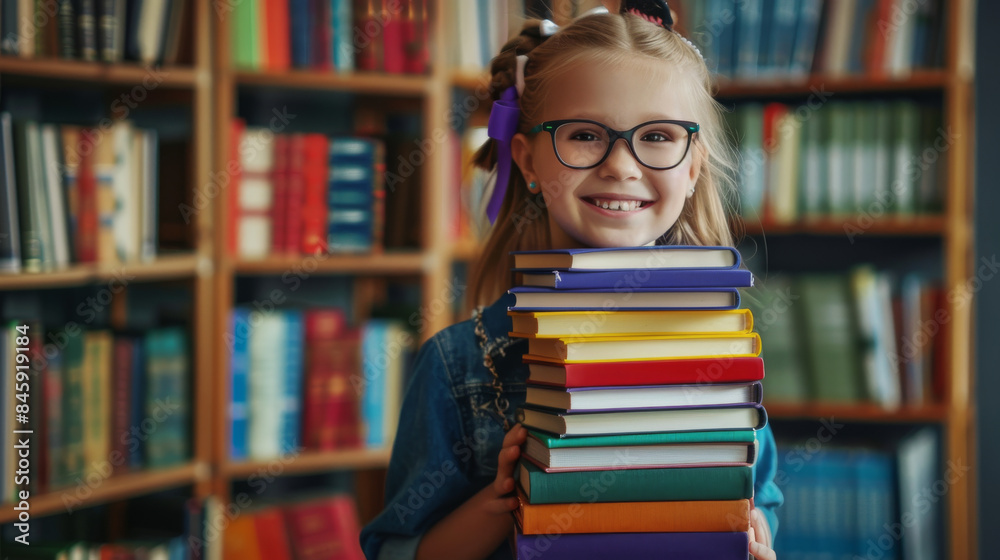 A young girl joyfully holding a stack of books in a library, expressing ...