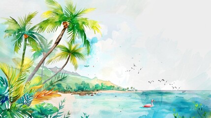 Wall Mural - Watercolor painting of beautiful scenic landscape of tropical sea beach.