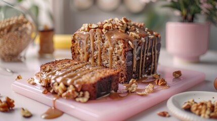 Homemade caramel drizzled over a sliced banana nut bread on a pink chopping board