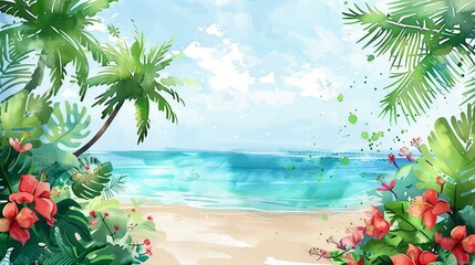Wall Mural - Watercolor painting of beautiful scenic landscape of tropical sea beach.