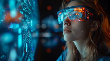 Poster - A young woman wearing augmented reality glasses looks at a digital screen in a virtual classroom setting.