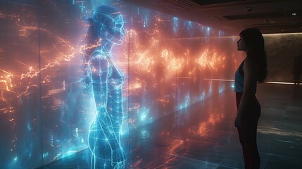 Poster - A woman participates in a holographic workout session with a virtual personal trainer.