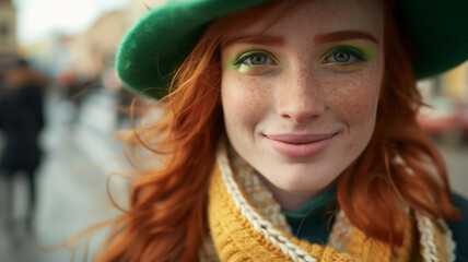 Wall Mural - Beautiful redhead young woman with freckles wearing a green top hat during a Saint Patrick's day celebration in Dublin, Ireland.