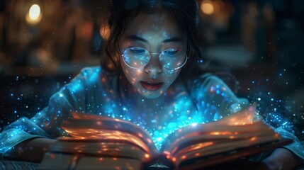 Poster - A woman wearing glasses reads a book while holographic projections emanate from the pages.