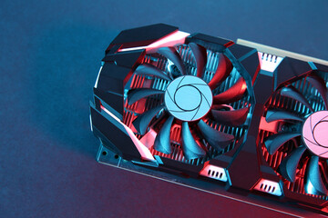 Poster - Computer graphics card on color background, top view. Space for text