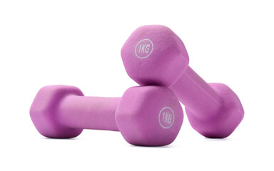 Sticker - Violet dumbbells isolated on white. Sports equipment