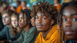 © Serega - A diverse group of students attentively listening to a teacher in a modern classroom, with digital devices in use
