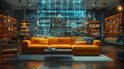 Poster - A futuristic furniture store uses a holographic catalog to showcase its products.