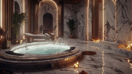 Aufkleber - A modern bathroom featuring a large freestanding tub surrounded by candles for a relaxing ambiance