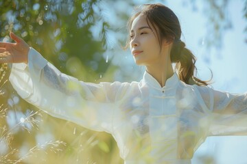Poster - A woman wearing a white shirt stands in a field, possibly for a photo shoot or as part of a scenic landscape