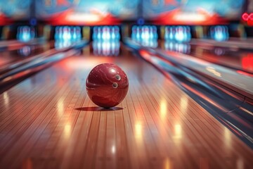 Poster - A bright red bowling ball sits atop a bowling alley, ready for the next game
