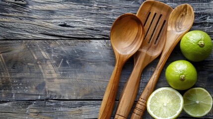 Wall Mural - Wooden utensils and lime placed on a wooden surface