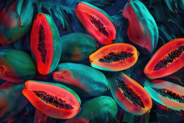 Wall Mural - A group of papayas sit together on a flat surface, ready for display or consumption