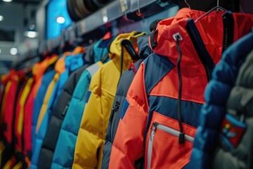 Poster - Various coats and jackets displayed on a rack, ideal for fashion or lifestyle uses
