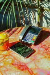 Aufkleber - A cell phone sitting on a table next to a drink, suitable for use in lifestyle, travel or hospitality scenes