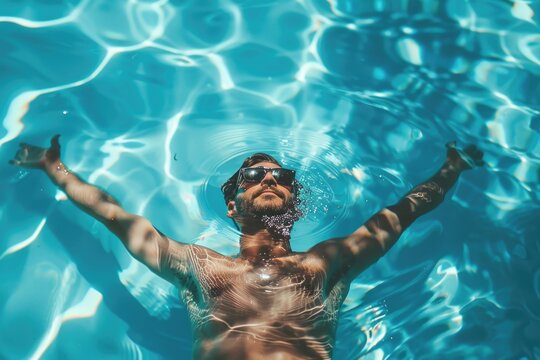 Man swimming in a pool with arms outstretched, perfect for sport or wellness imagery