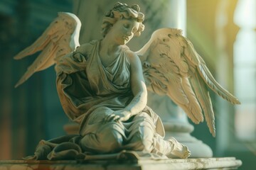 Poster - A serene angel sits atop a pedestal, perfect for use in fantasy or mythology-themed contexts