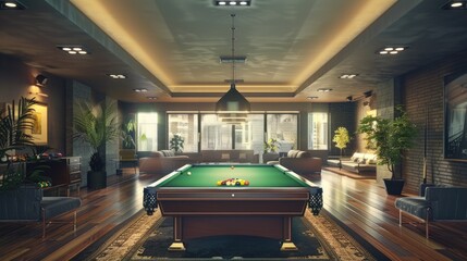Poster - A pool table in a cozy room filled with comfortable furniture, perfect for a relaxing evening