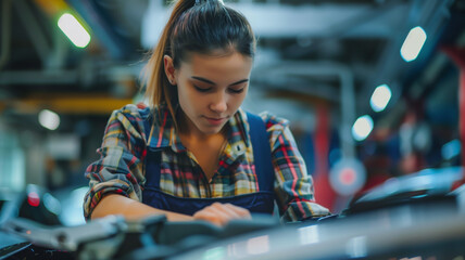 Wall Mural - Latino young woman wearing a blue apron and flannel working as an auto mechanic getting her hands dirty under the hood.