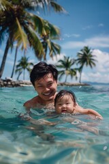 Poster - A scene of a man helping a child in the water, suitable for use in illustrations about family, rescue, or aquatic activities