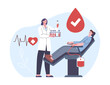 © MicroOne - Donor character. Young man on medical chair and nurse with blood test tube. Donation concept, support and healthcare. Volunteer kicky vector scene