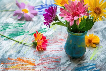 Wall Mural - A blue vase filled with vibrant flowers sitting on a table